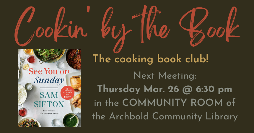 Information about where and when the book club meets alongside an image of the cover of Sam Sifton's cookbook, "See You On Sunday"