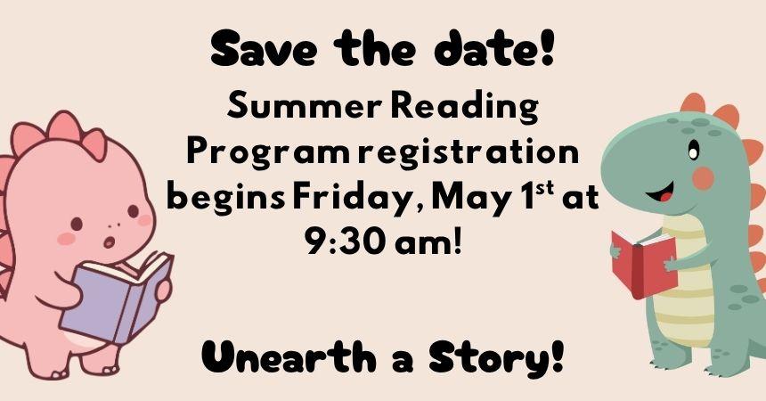 Two cartoony dinosaurs, both reading books, stand on either side of the text