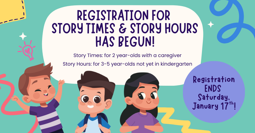 Three cartoon children are very excited for their grownup to register them for library programs!