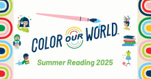 illustrations of various characters taking photographs, listening to music on headphones, or drawing with a paintbrush painting the slogan "Color our World"