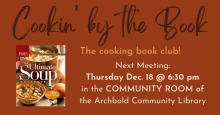 A copy of Reader's Digest "The Ultimate Soup Cookbook" floats underneath the title of the book club: Cookin' by the Book